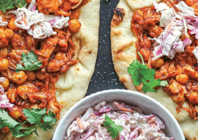 BBQ jackfruit & chickpea flatbread with creamy slaw