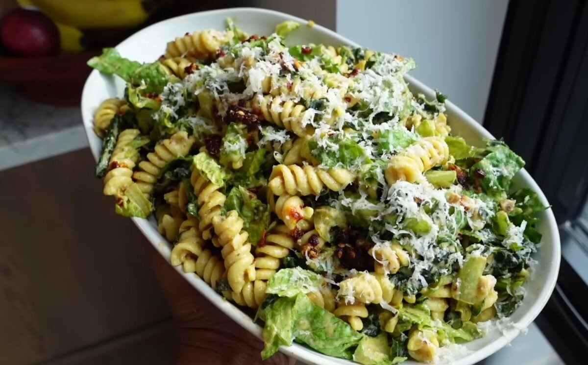 chili crisp Caesar pasta salad that is vegan