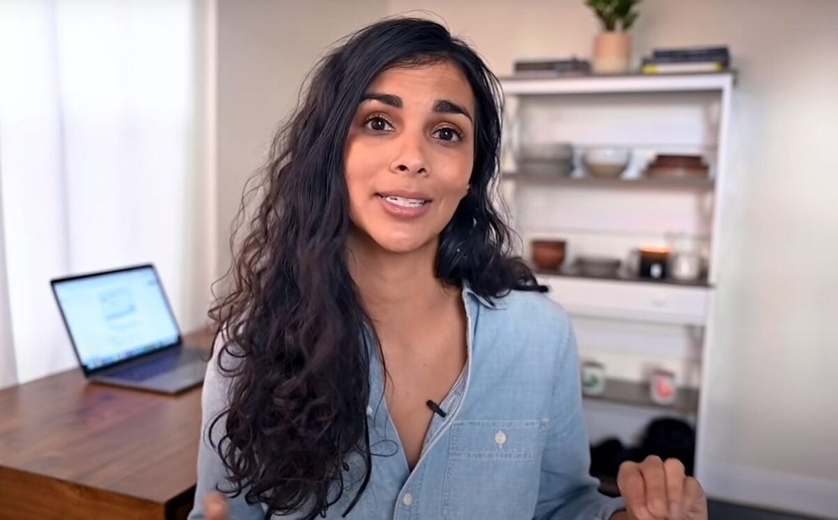 Plant-based YouTuber Nisha Vora in a still from her video on common mistakes vegans make