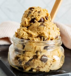 a jar of edible cookie dough made of chickpeas