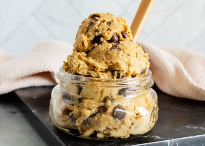 a jar of edible cookie dough made of chickpeas