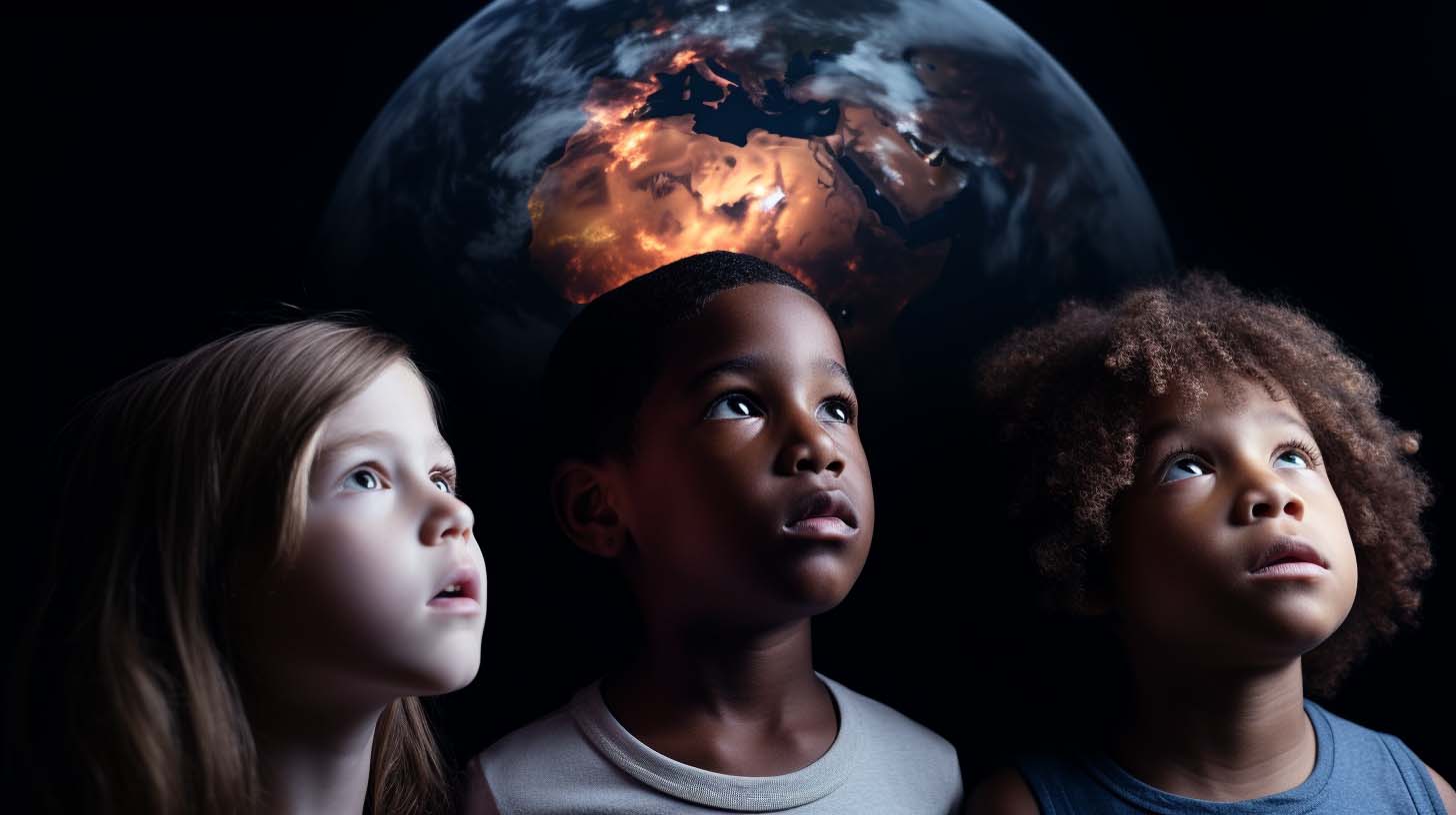 Three ethnically diverse human children look to the distance future. The scorched Earth hangs in the background.