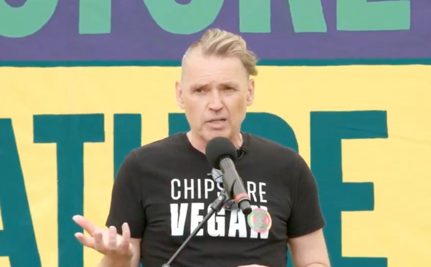 Dale Vince delivering a speech at the Restore Nature Now march