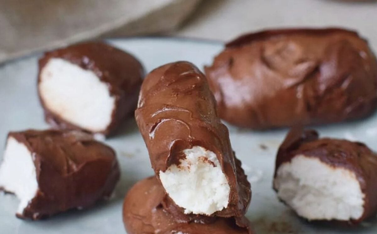 Photo shows a plate of vegan Bounty-style chocolate bars with coconut filling