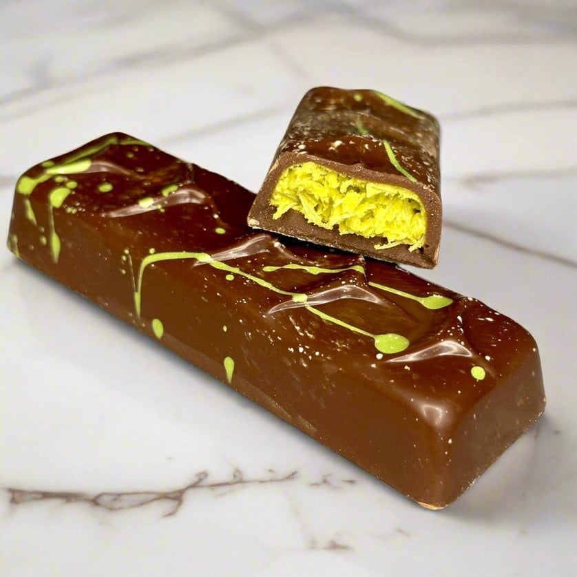 Photo shows a vegan Dubai Chocolate bar from the UK's Kind Hearted Chocs