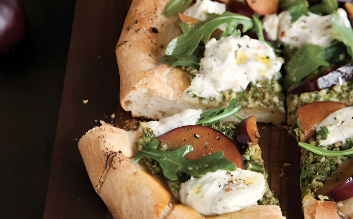 pesto plum pizza with balsamic arugula and walnut pesto as part of vegan spring lunch ideas